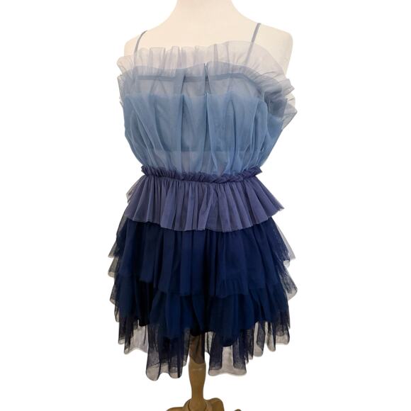 Storia Blue Ombre Colorblock Tulle Ruffle Layered Dress Party Cocktail Small - Picture 7 of 8